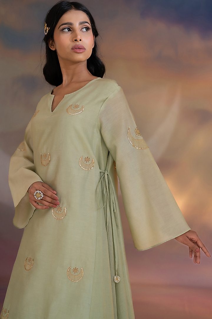 Pista Green Chanderi Hand Embroidered A-line Kurta Set by Kacha Tanka at Pernia's Pop Up Shop