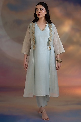 Greyish Blue Chanderi Jacket Set by Kacha Tanka