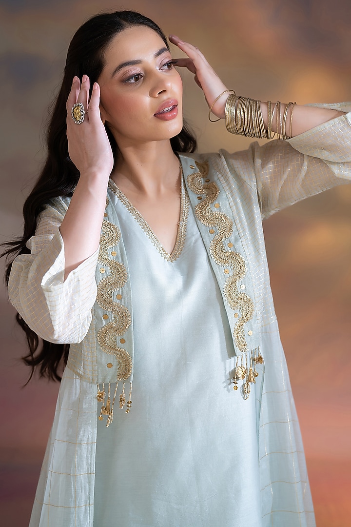 Greyish Blue Chanderi Jacket Set by Kacha Tanka at Pernia's Pop Up Shop