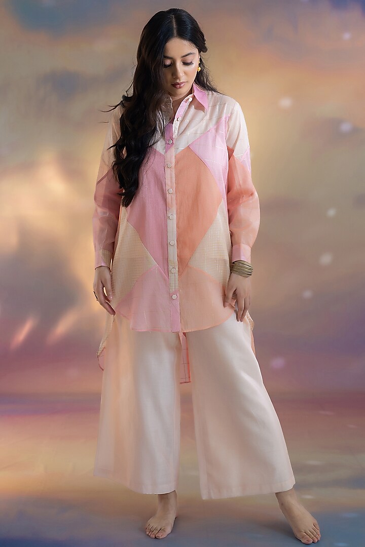 Pink Chanderi Pant Set by Kacha Tanka