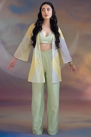 Multi-Colored Chanderi Embroidered Textured Jacket Set by Kacha Tanka