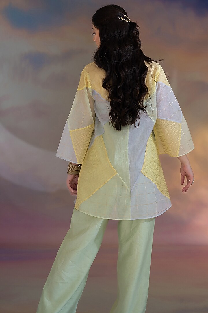 Multi-Colored Chanderi Embroidered Textured Jacket Set by Kacha Tanka at Pernia's Pop Up Shop