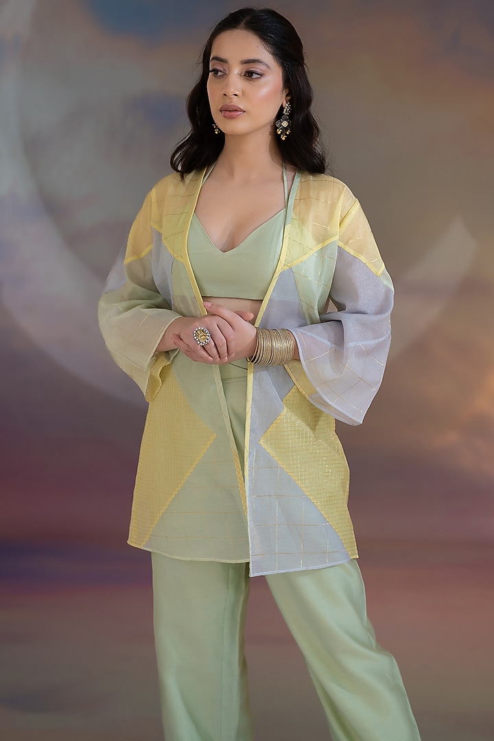 Multi-Colored Chanderi Embroidered Textured Jacket Set by Kacha Tanka at Pernia's Pop Up Shop