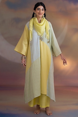 Multi-Colored Chanderi Embroidered Textured Kaftan Set by Kacha Tanka