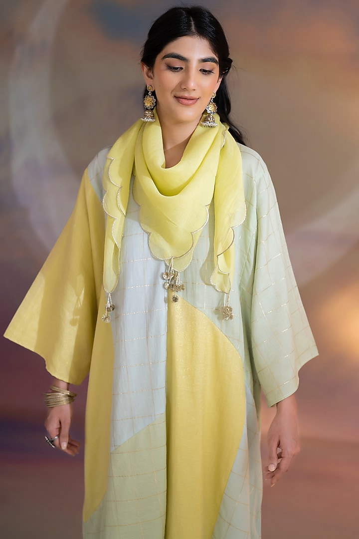 Multi-Colored Chanderi Embroidered Textured Kaftan Set by Kacha Tanka at Pernia's Pop Up Shop