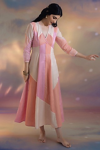 Multi-Colored Chanderi Embroidered Textured Dress by Kacha Tanka