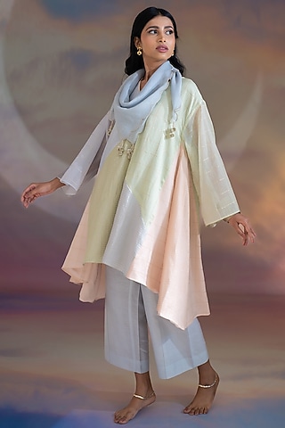 Multi-Colored Chanderi Embroidered Textured A-line Kurta Set by Kacha Tanka
