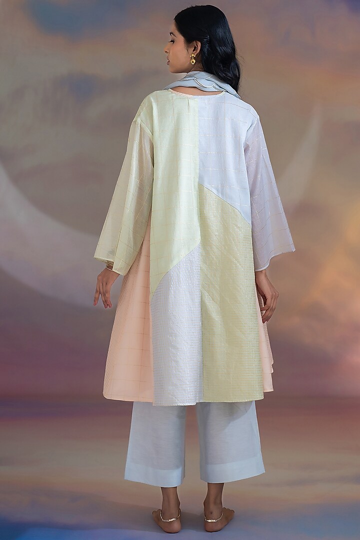 Multi-Colored Chanderi Embroidered Textured A-line Kurta Set by Kacha Tanka at Pernia's Pop Up Shop