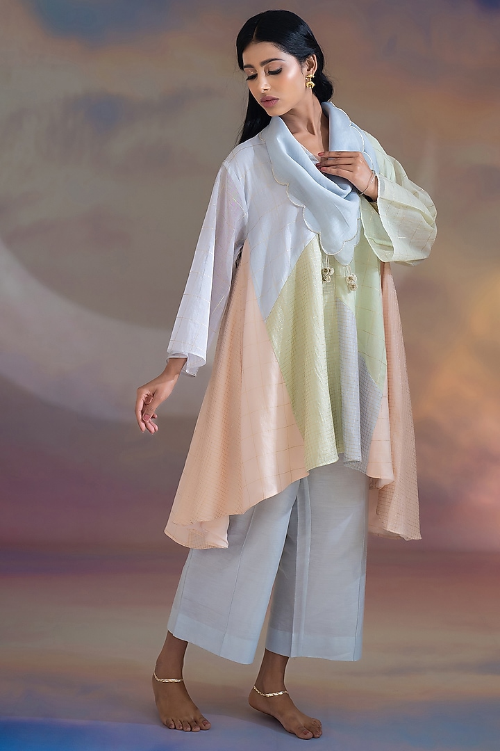 Multi-Colored Chanderi Embroidered Textured A-line Kurta Set by Kacha Tanka at Pernia's Pop Up Shop