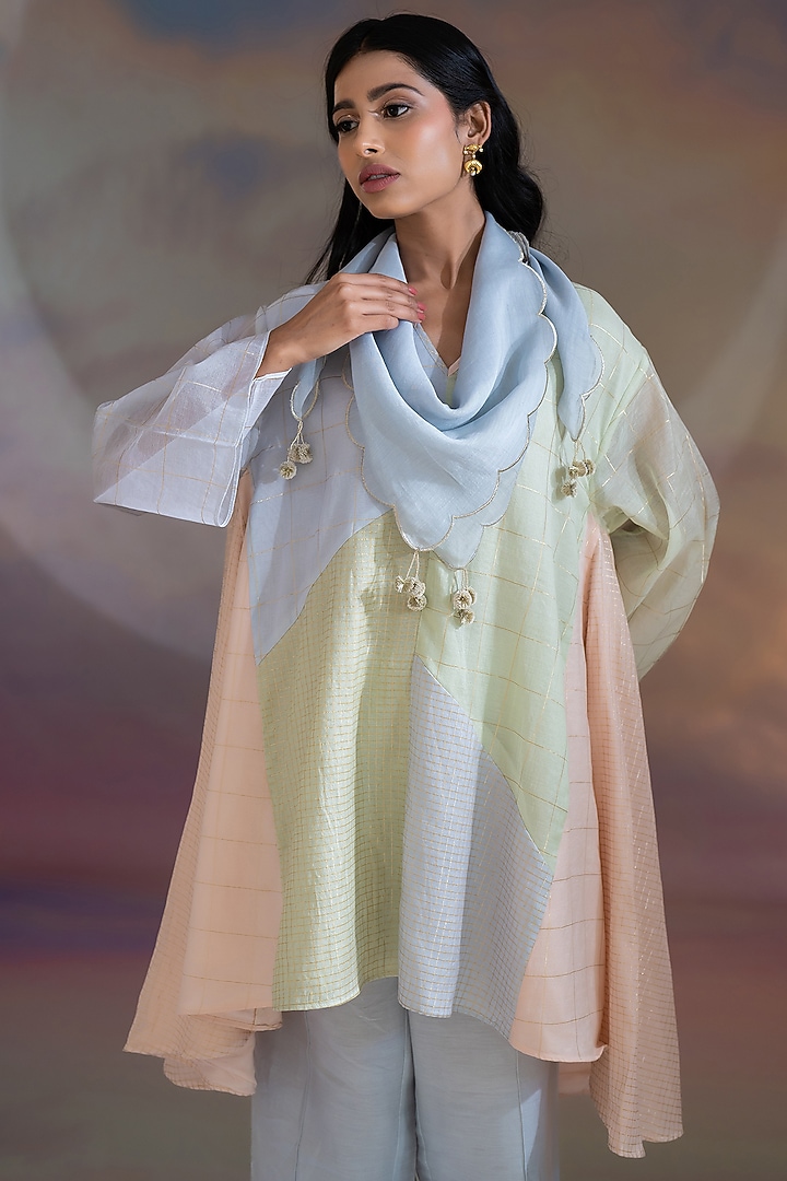 Multi-Colored Chanderi Embroidered Textured A-line Kurta Set by Kacha Tanka at Pernia's Pop Up Shop