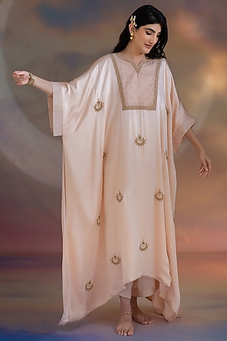 Soft Pink Modal Hand Embroidered Kaftan Set by Kacha Tanka