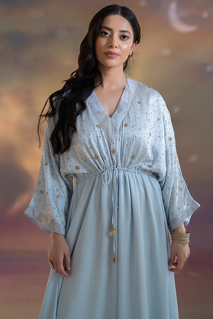 Soft Blue Modal Hand Embroidered Textured Kaftan Summer Dress by Kacha Tanka at Pernia's Pop Up Shop