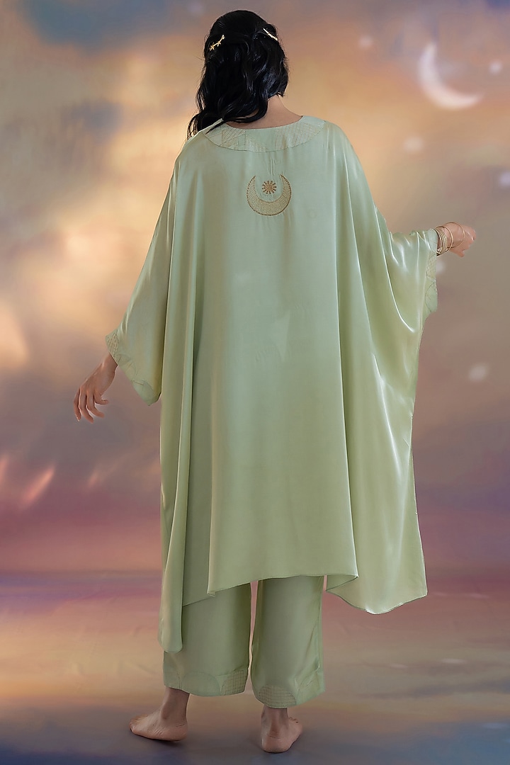 Pista Green Modal Hand Embroidered Textured Kaftan Set by Kacha Tanka at Pernia's Pop Up Shop