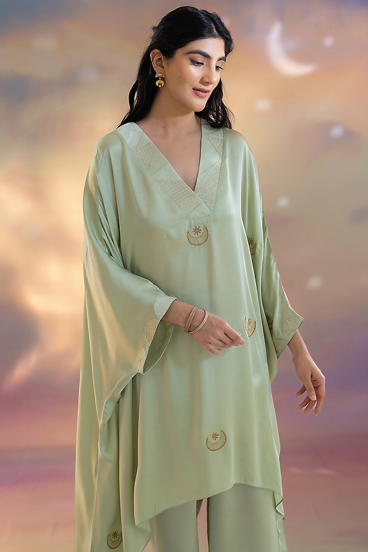 Pista Green Modal Hand Embroidered Textured Kaftan Set by Kacha Tanka at Pernia's Pop Up Shop