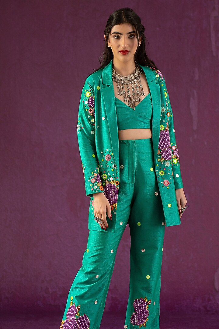 Green Embroidered Jacket Set by Kacha Tanka at Pernia's Pop Up Shop