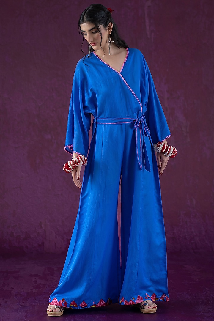 Blue Embroidered Flared Jumpsuit by Kacha Tanka