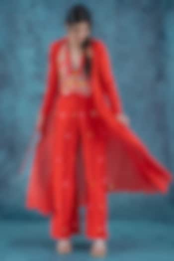 Red Embroidered Cape Set by Kacha Tanka