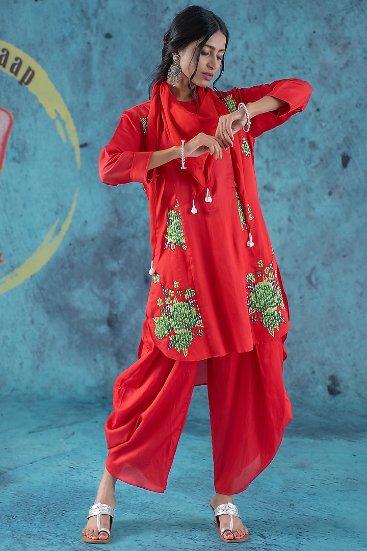 Red Cotton Satin Embroidered Kurta Set by Kacha Tanka
