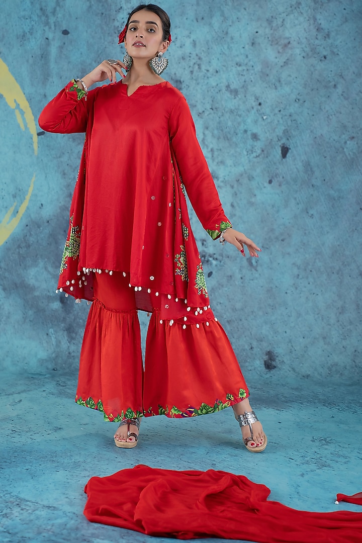 Red Cotton Satin Sharara Set by Kacha Tanka
