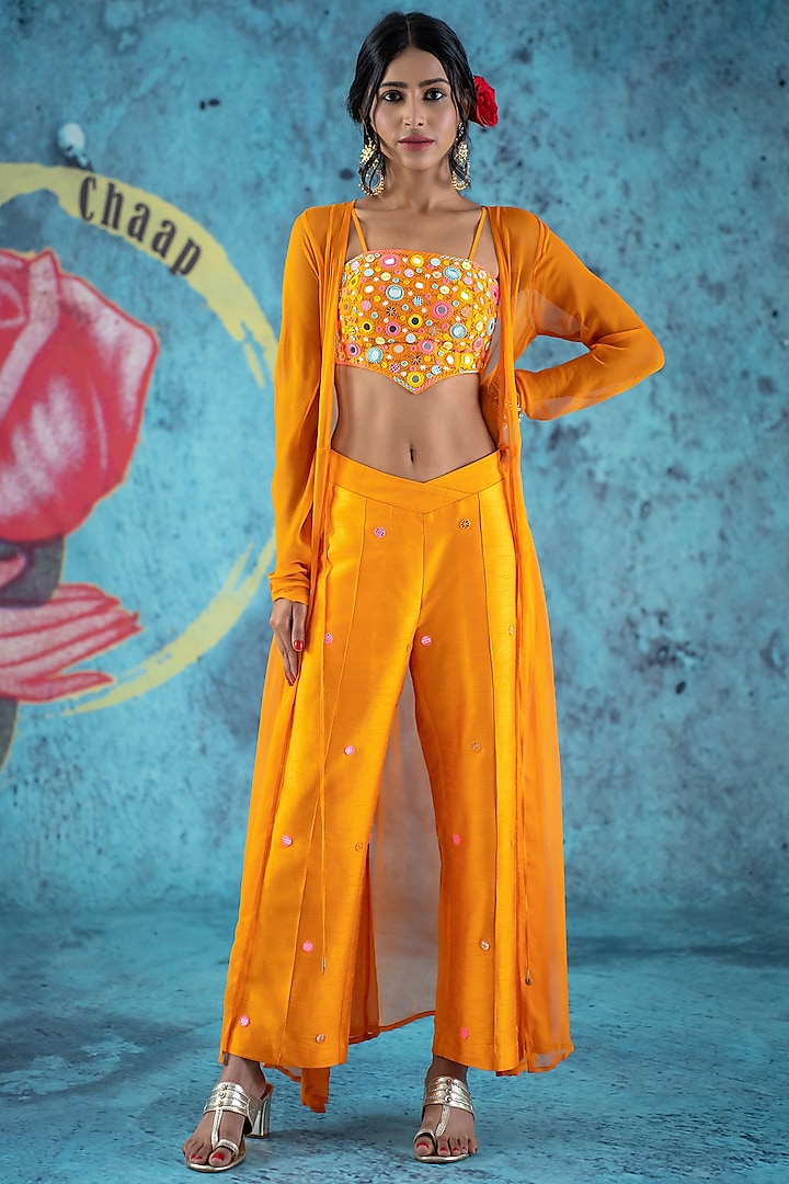 Orange Embroidered Cape Set by Kacha Tanka