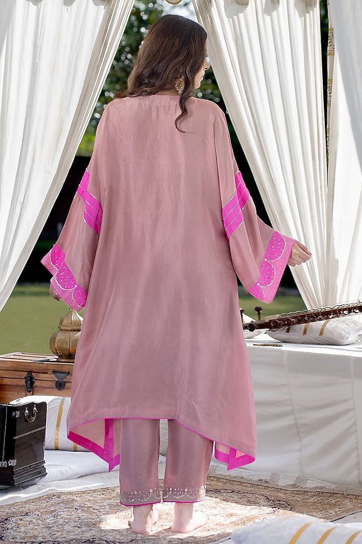 Dusty Pink Pure Silk Aari Hand Embroidered Kaftan Set by Kacha Tanka at Pernia's Pop Up Shop