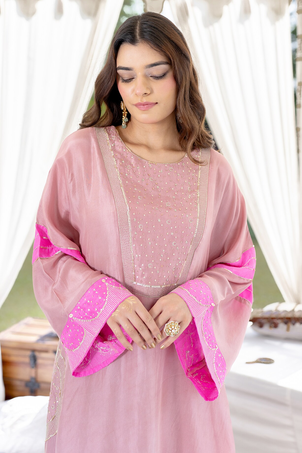 Dusty Pink Pure Silk Aari Hand Embroidered Kaftan Set by Kacha Tanka at  Pernia's Pop Up Shop 2026