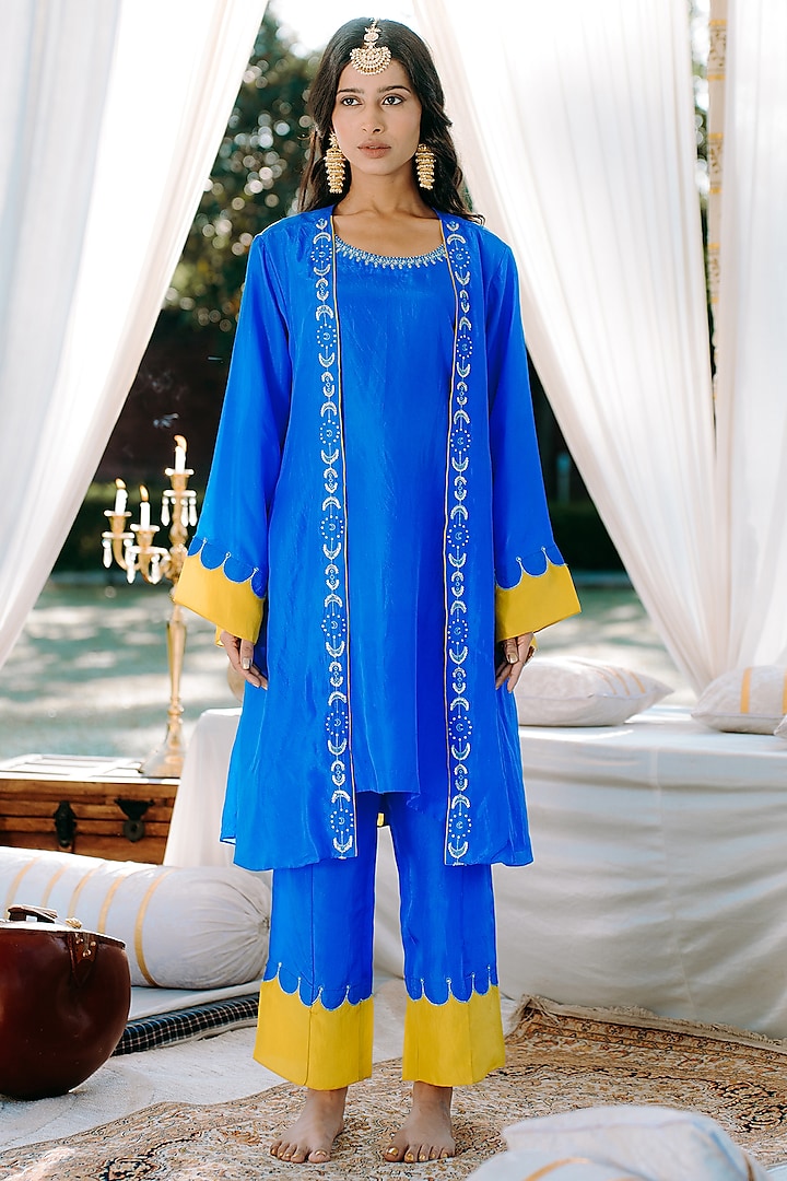 Blue Pure Silk Aari Hand Embroidered Jacket Set by Kacha Tanka
