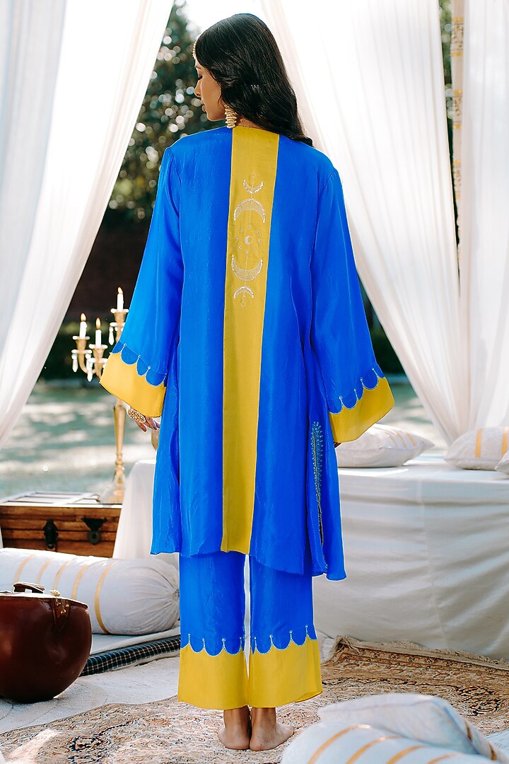Blue Pure Silk Aari Hand Embroidered Jacket Set by Kacha Tanka at Pernia's Pop Up Shop