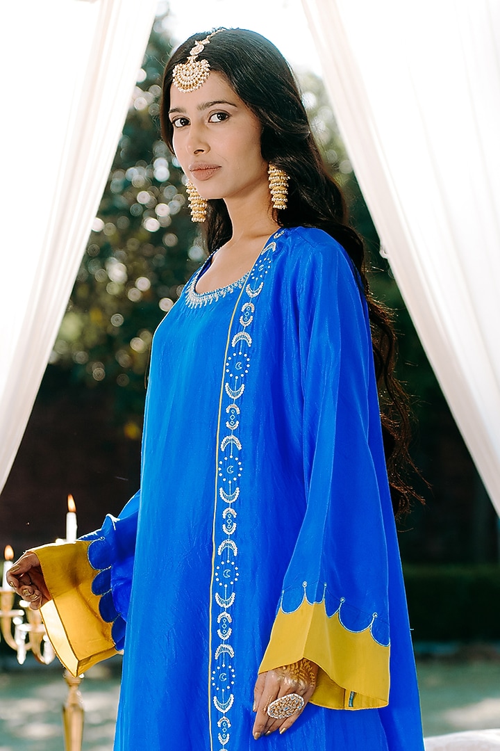 Blue Pure Silk Aari Hand Embroidered Jacket Set by Kacha Tanka at Pernia's Pop Up Shop