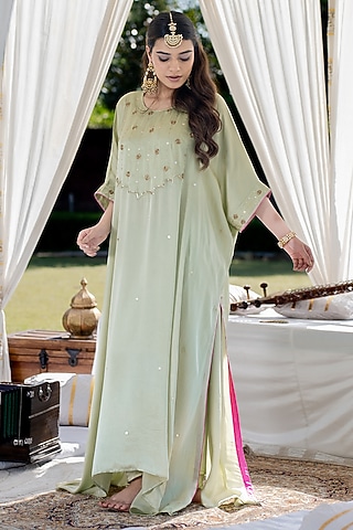 Pista Green Cotton Modal Aari Hand Embroidered Kaftan Set by Kacha Tanka