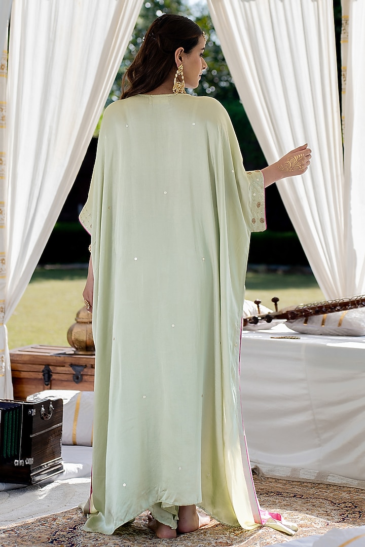 Pista Green Cotton Modal Aari Hand Embroidered Kaftan Set by Kacha Tanka at Pernia's Pop Up Shop
