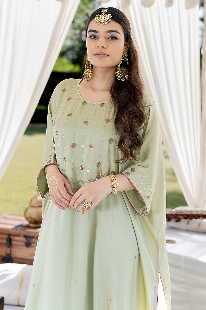 Pista Green Cotton Modal Aari Hand Embroidered Kaftan Set by Kacha Tanka at Pernia's Pop Up Shop