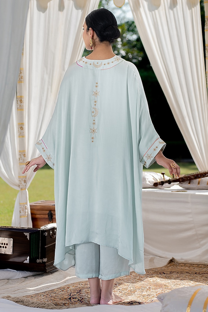 Steel Blue Cotton Modal Aari Hand Embroidered Kaftan Set by Kacha Tanka at Pernia's Pop Up Shop