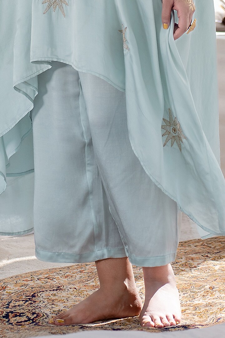 Steel Blue Cotton Modal Aari Hand Embroidered Kaftan Set by Kacha Tanka at Pernia's Pop Up Shop