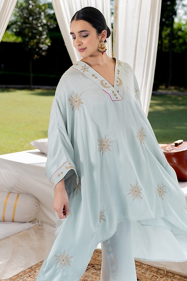Steel Blue Cotton Modal Aari Hand Embroidered Kaftan Set by Kacha Tanka at Pernia's Pop Up Shop