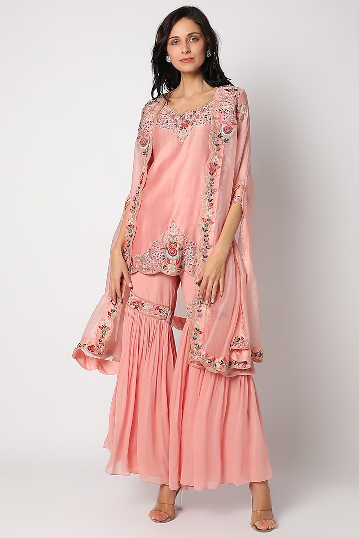 Blush Pink Embroidered Sharara Set by Khushboo Bagri