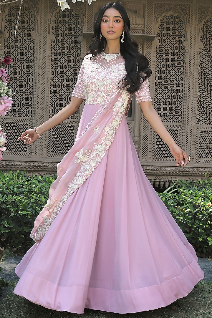 Blush Pink Embroidered Engagement Gown With Drape by Khushboo Bagri at Pernia's Pop Up Shop
