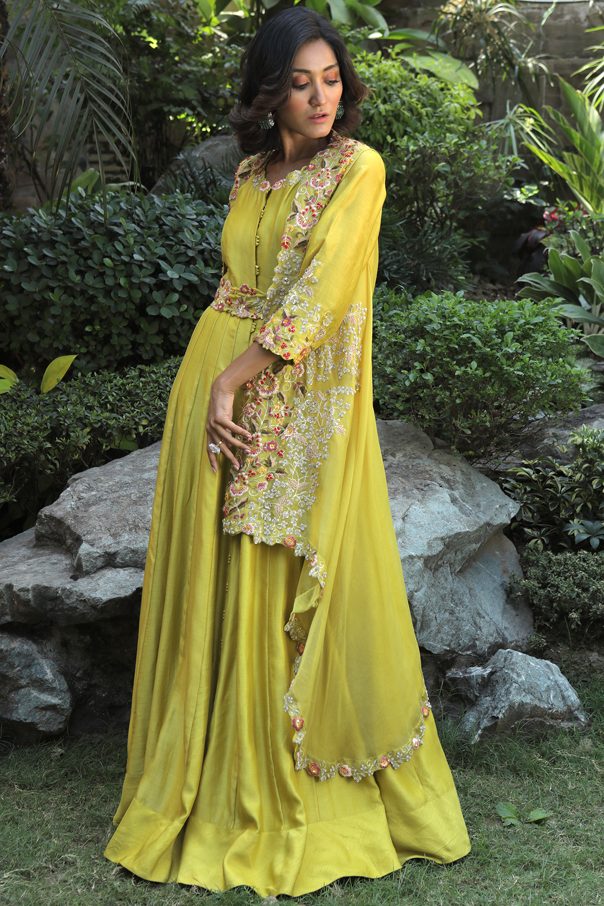 Lime Silk Chanderi Anarkali Set by Khushboo Bagri