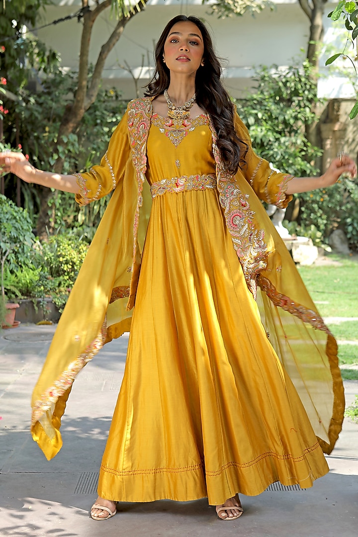Olive Yellow Embroidered Anarkali Set by Khushboo Bagri