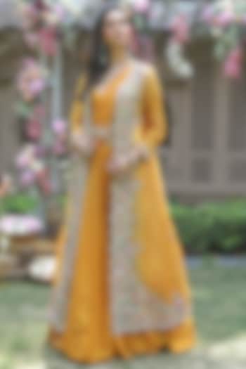 Ochre Embroidered Jacket Saree Set by Khushboo Bagri