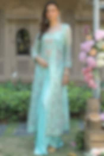 Sea Green Embroidered Draped Saree Set by Khushboo Bagri at Pernia's Pop Up Shop