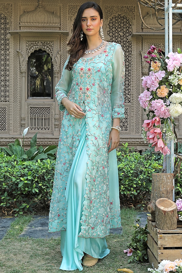 Sea Green Embroidered Draped Saree Set by Khushboo Bagri