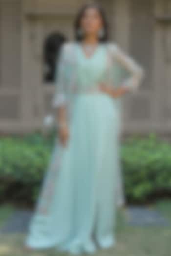 Pale Blue Embroidered Gown With Jacket by Khushboo Bagri