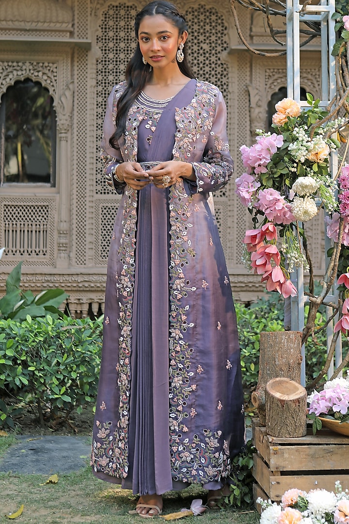 Mulberry Embroidered Pre Stitched Draped Gown by Khushboo Bagri
