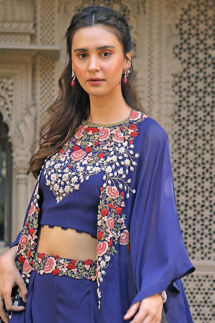 Royal Blue Georgette Embroidered Pant Set
 by Khushboo Bagri at Pernia's Pop Up Shop