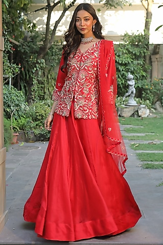 Red Antique Embroidered Jacket Set by Khushboo Bagri