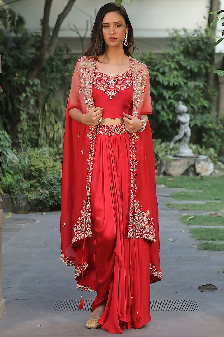 Red Shaded Embroidered Cape Set by Khushboo Bagri