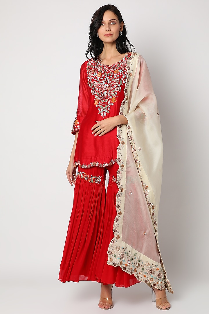 Red Embroidered Sharara Set by Khushboo Bagri