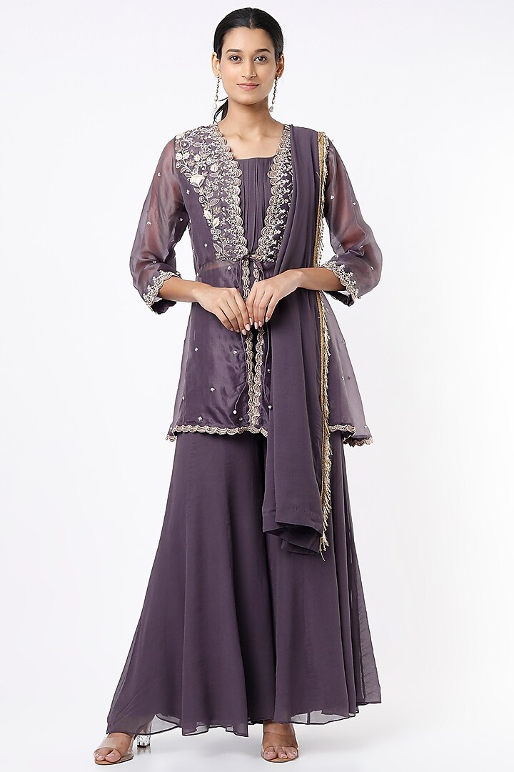 Neon Violet Embroidered Sharara Set With Jacket by Khushboo Bagri