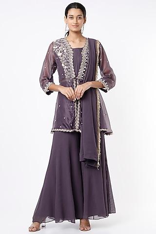 Neon Violet Embroidered Sharara Set With Jacket by Khushboo Bagri